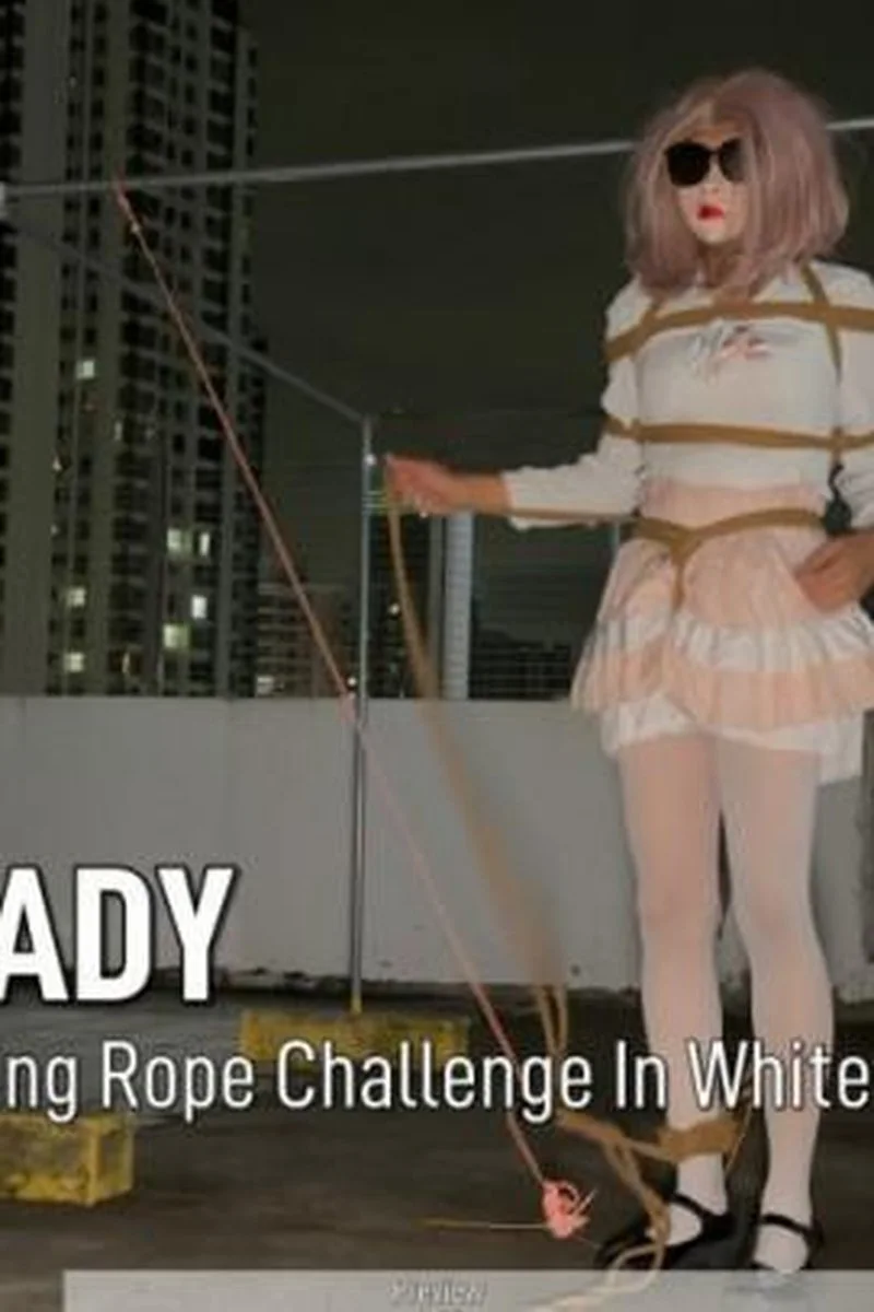 Standing Self-Bondage With One Leg Raised In White Pantyhose