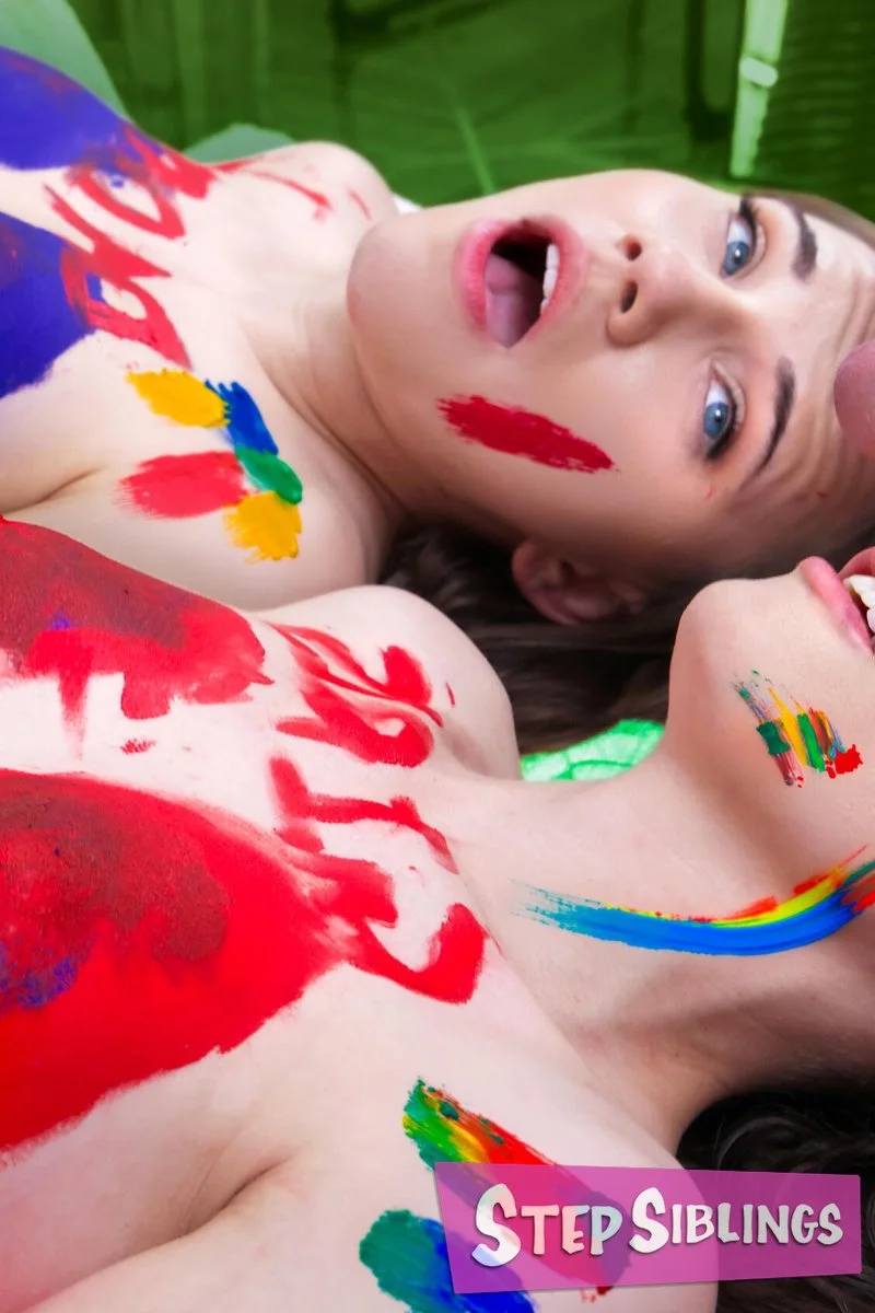 "We Painted Our Bodies Just For You..." Two Tight Pussies On Father's Day!